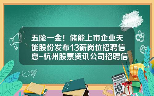 五险一金！储能上市企业天能股份发布13薪岗位招聘信息-杭州股票资讯公司招聘信息