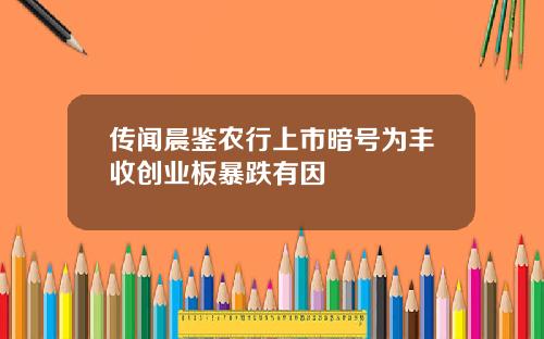 传闻晨鉴农行上市暗号为丰收创业板暴跌有因
